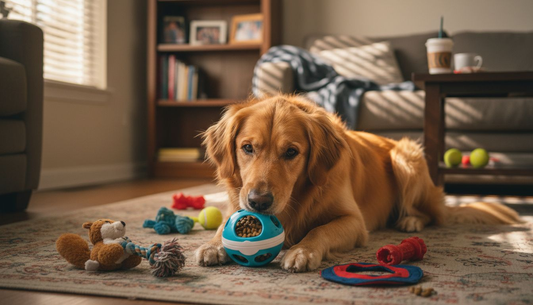 Golden retriever playing with treat-dispensing toy