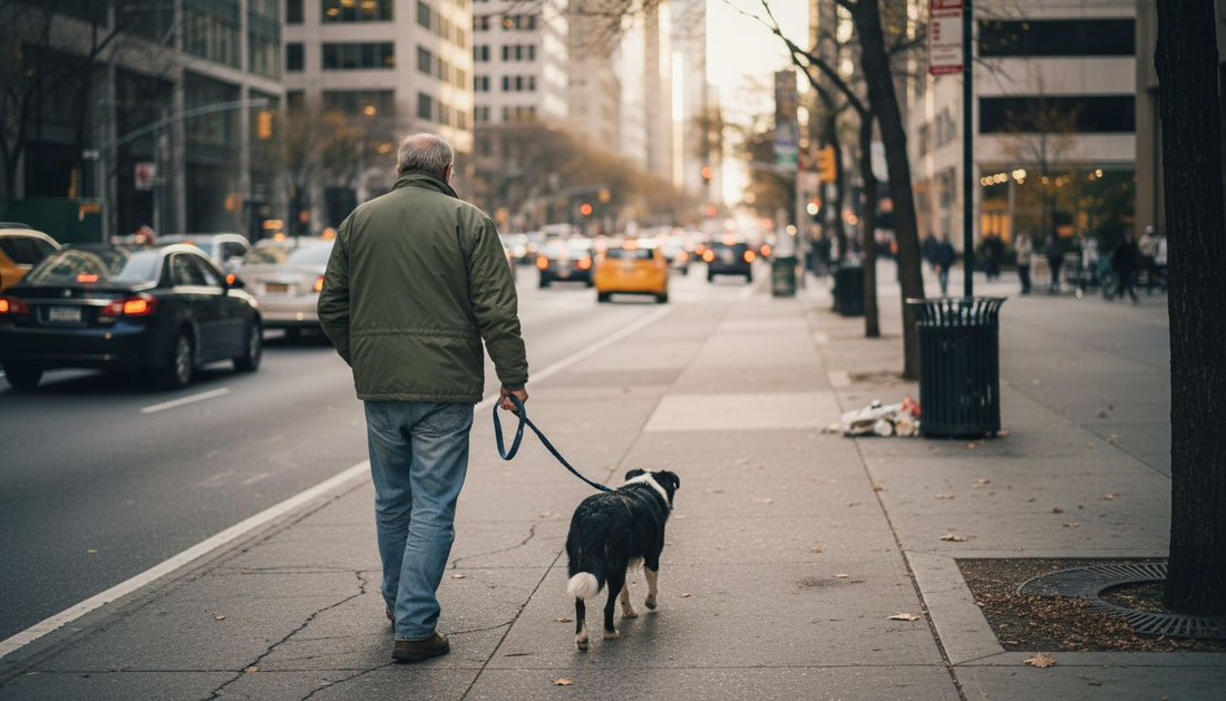 Man walking dog on leash in city street