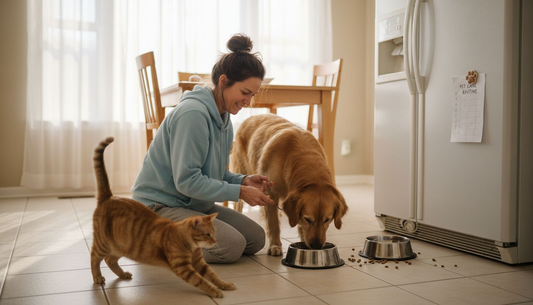 Owner feeding happy dog and cat in kitchen