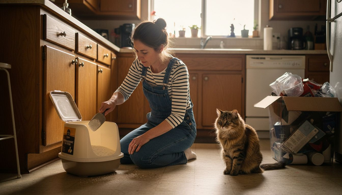 Woman using hypoallergenic cat litter at home