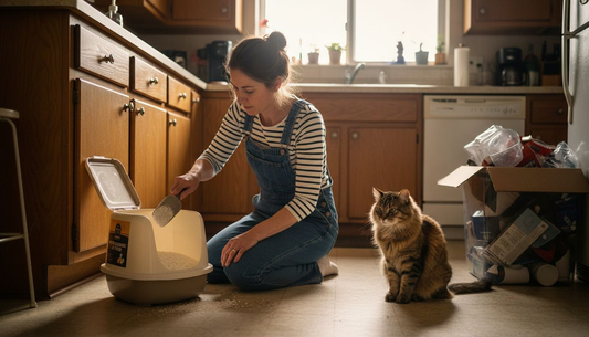 Woman using hypoallergenic cat litter at home