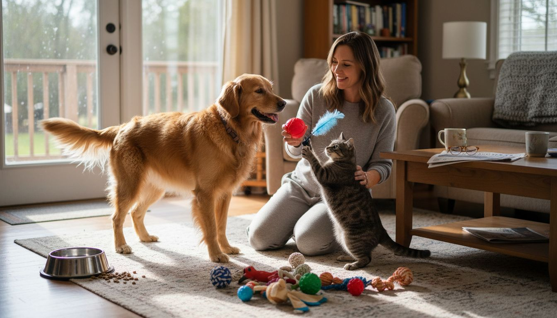 Owner choosing safe pet toys for play