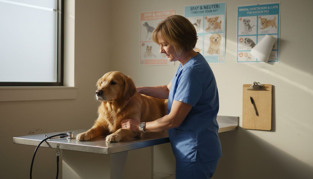 Veterinarian examining dog in small clinic