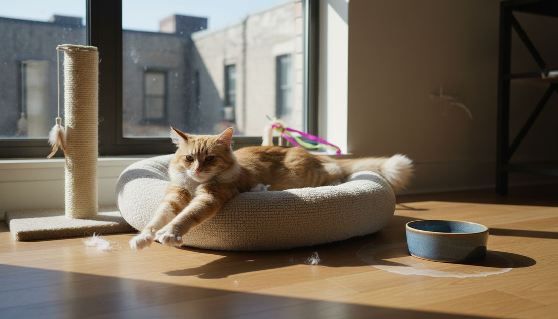 Cat relaxing among essential comfort accessories