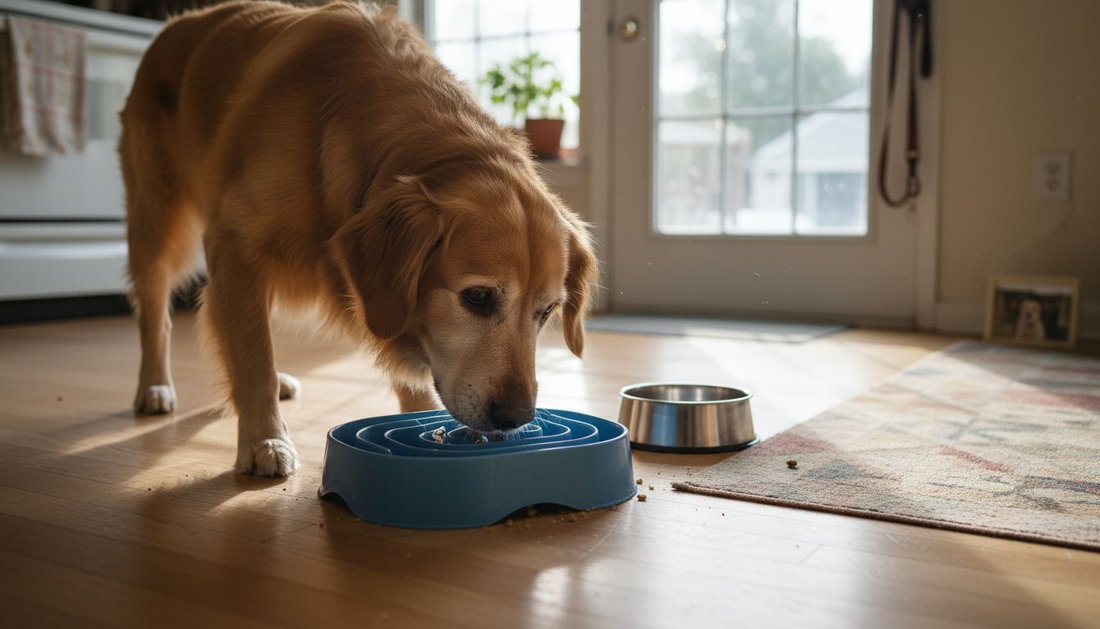 Dog eating from slow feeder bowl