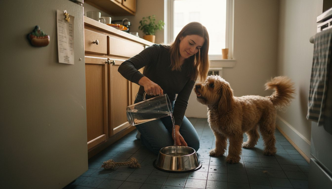 Urban pet owner feeding with non-slip bowl
