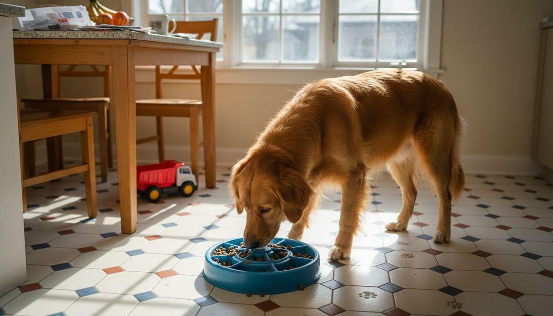 Golden retriever using interactive feeder in kitchen