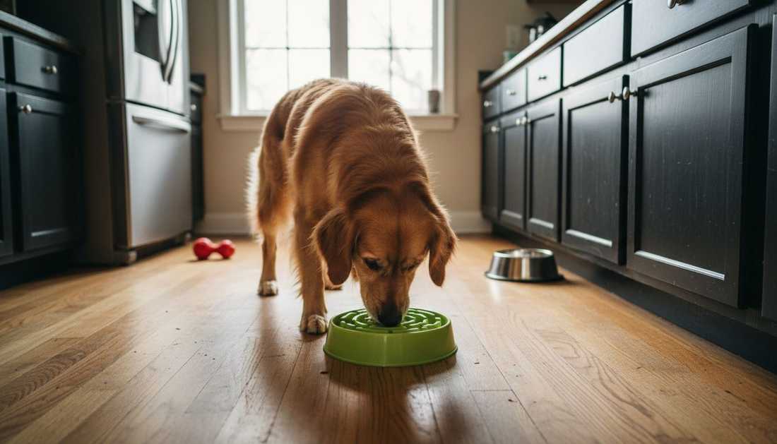 Golden retriever eating from slow feeder bowl