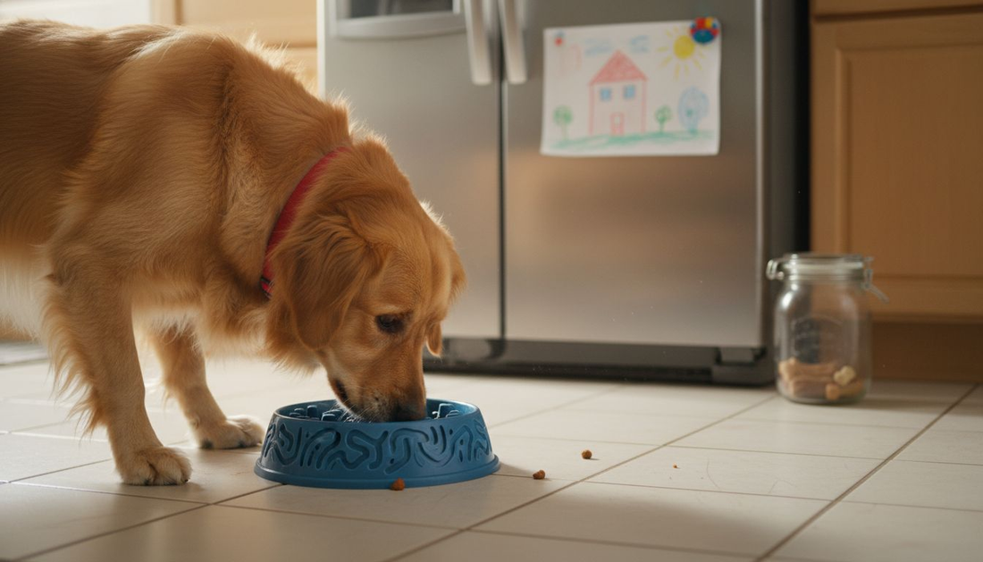 Dog eating from a slow feeder bowl in kitchen