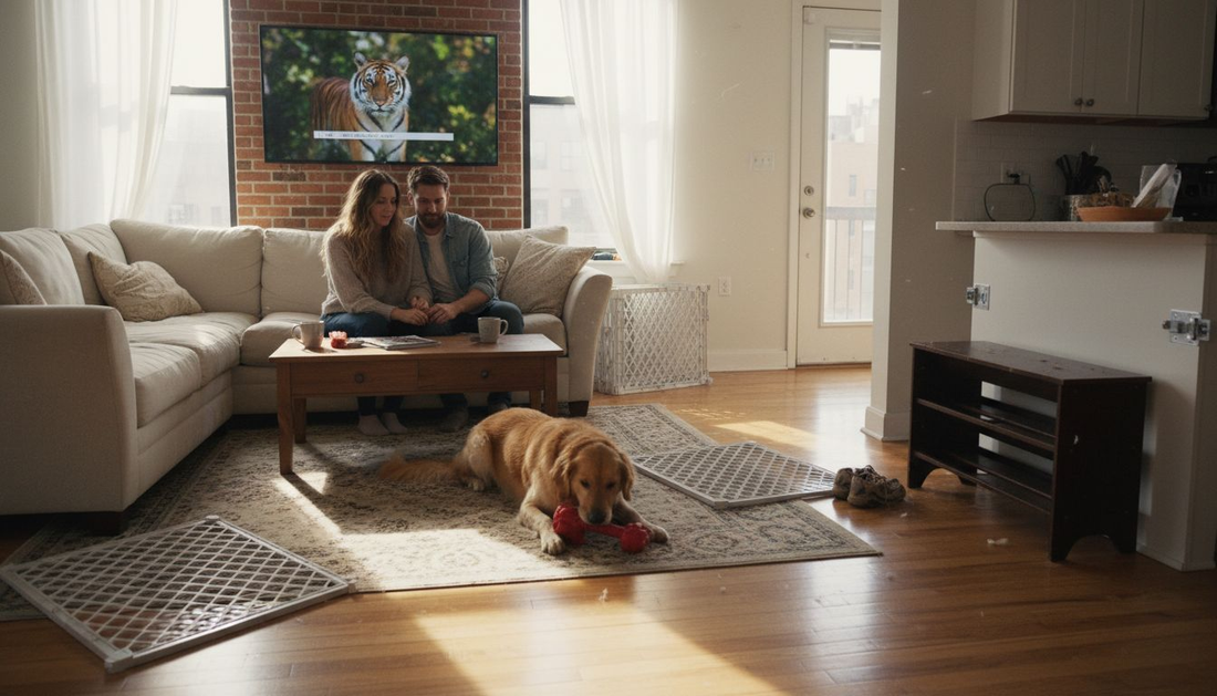 Family with dog in safeguarded living room