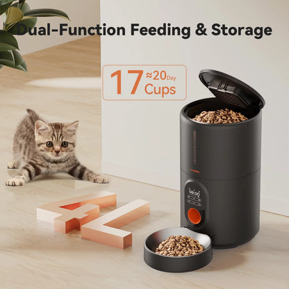 Automatic Pet Feeder with Stainless Steel Bowl – 4L Dog and Cat Food Dispenser, Black