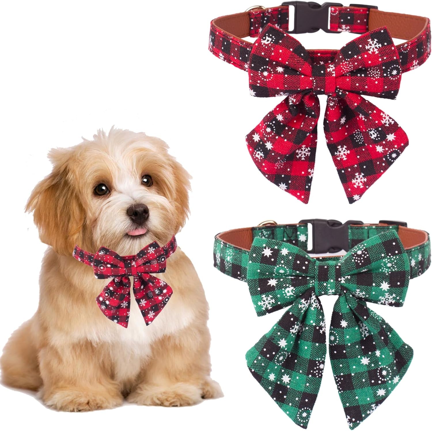 2-Pack Christmas Dog Collars with Bow Tie – Adjustable Red & Green Plaid Collars with Removable Bowties
