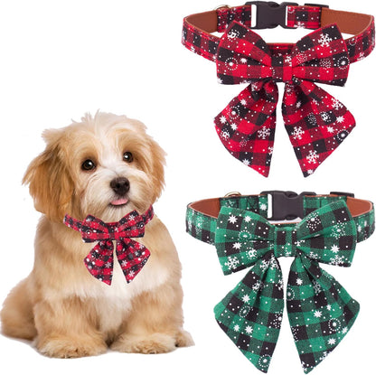 2-Pack Christmas Dog Collars with Bow Tie – Adjustable Red & Green Plaid Collars with Removable Bowties