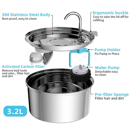 Automatic Stainless Steel Pet Water Fountain with  Filter for Cats and Dogs