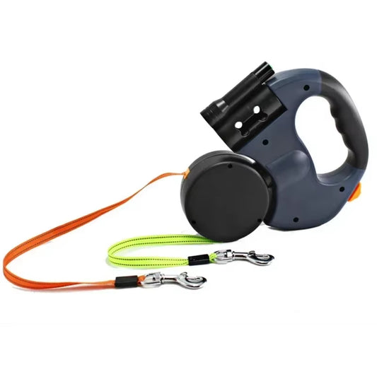  Automatic Retractable Dog Leash with Dual Heads & Waste Bag Dispenser - Durable & Tangle-Free Design