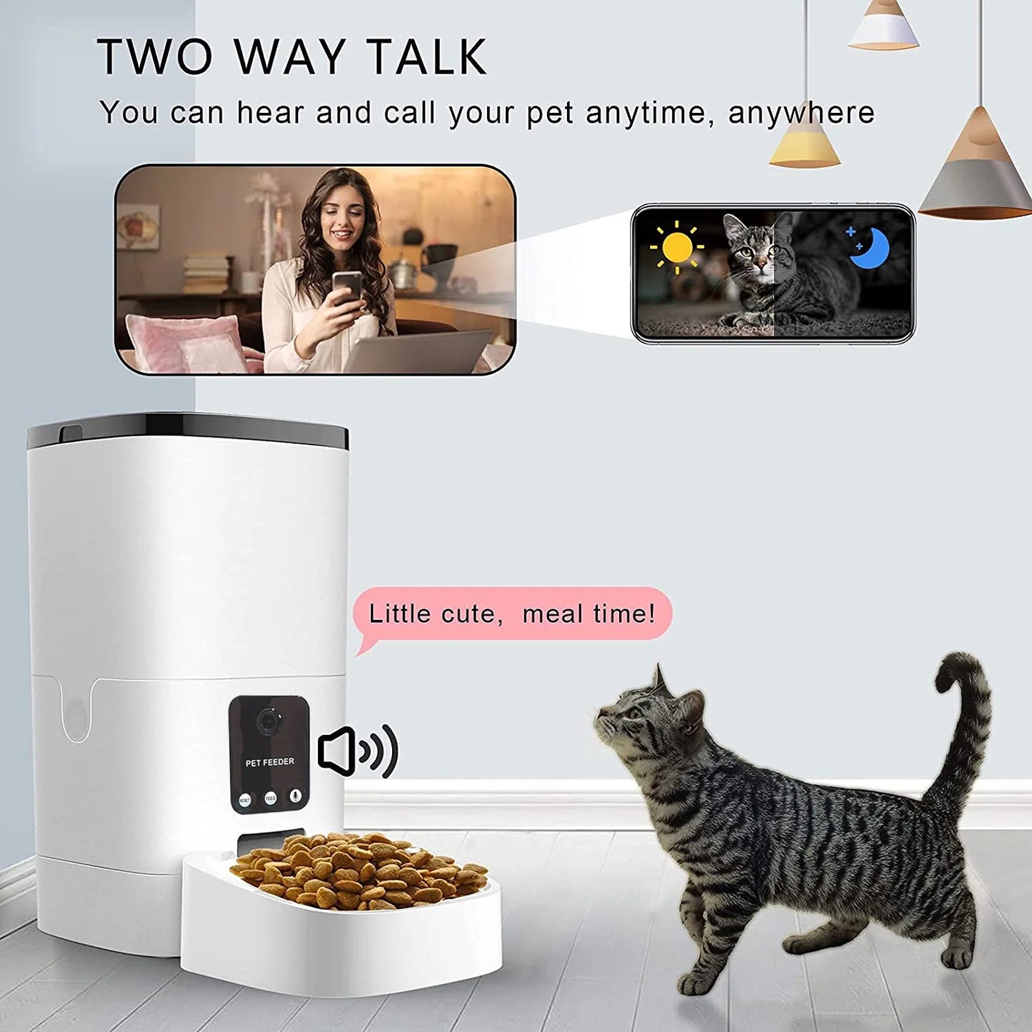 Automatic Pet Feeder with 6L Capacity, 1080P Camera, App Control, Voice Recording, Timed Feeding, Dual Power Supply, and WiFi Connectivity for Cats and Dogs