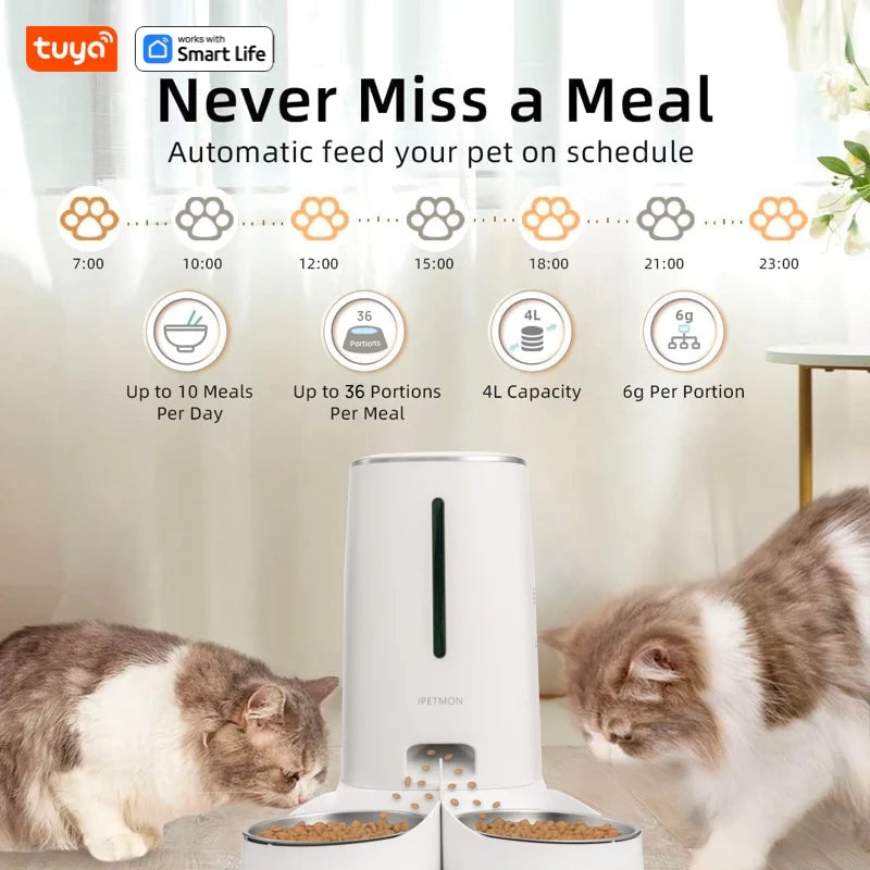 WiFi Automatic Cat Feeder for 2 Cats – 4L Smart Food Dispenser with App Control, Dual Stainless Steel Bowls & Low-Food Alerts