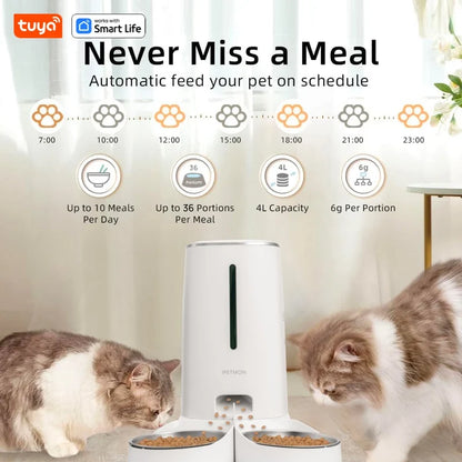 WiFi Automatic Cat Feeder for 2 Cats – 4L Smart Food Dispenser with App Control, Dual Stainless Steel Bowls & Low-Food Alerts