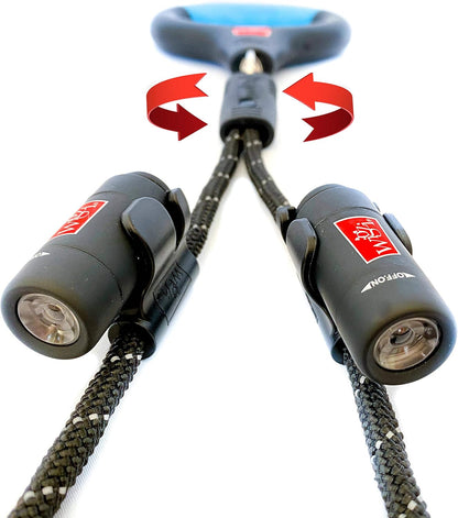 Dual Dog Leash with 360° Swivel – Automatic Tangle-Free Leash with Gel Handle, Reflective Rope & Optional LED Lights (Up to 25 ft, Medium/Large Dogs, Black, Includes 2 Rechargeable Lights)