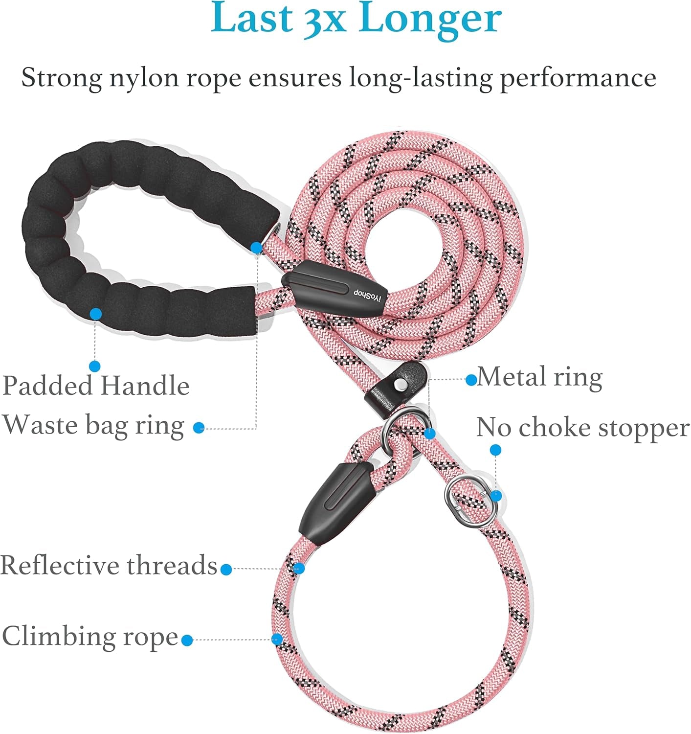 Durable Slip Lead Dog Leash with Padded Handle & Reflective Threads – No-Pull Training Leash for Dogs (3/8" x 6 FT)