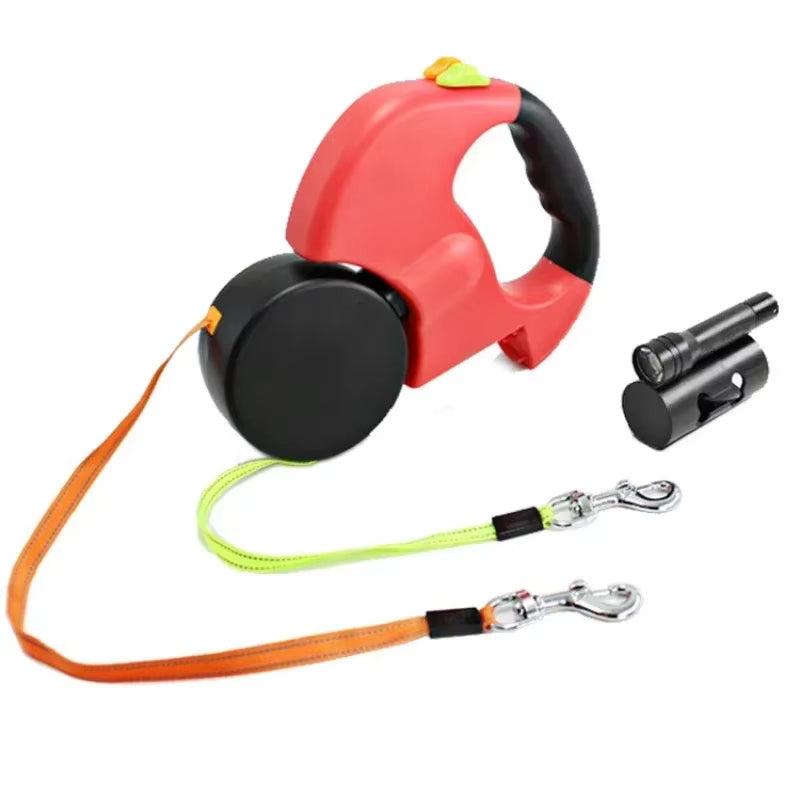  Automatic Retractable Dog Leash with Dual Heads & Waste Bag Dispenser - Durable & Tangle-Free Design