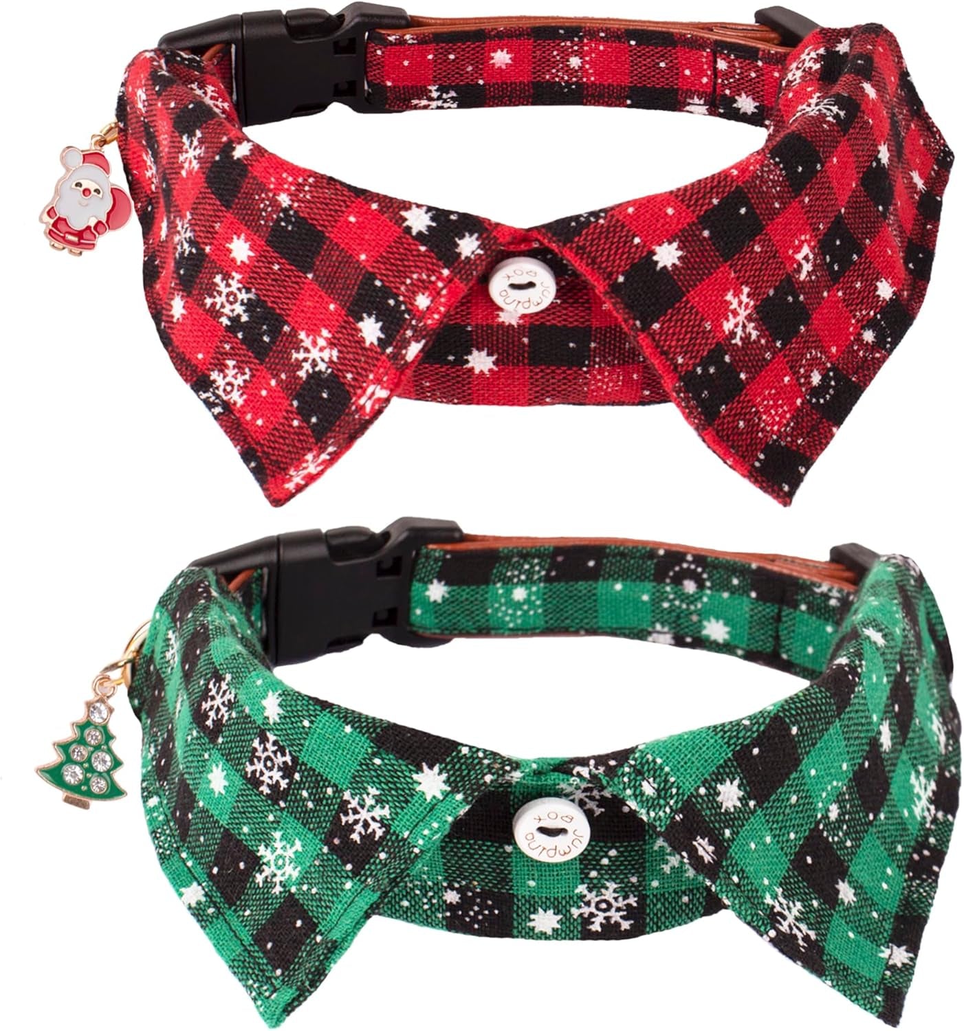 2-Pack Christmas Dog Collars with Bow Tie – Adjustable Red & Green Plaid Collars with Removable Bowties