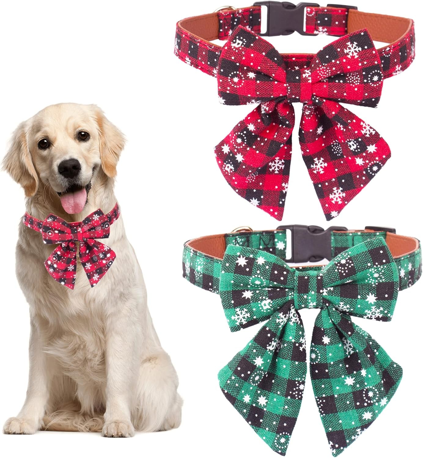 2-Pack Christmas Dog Collars with Bow Tie – Adjustable Red & Green Plaid Collars with Removable Bowties