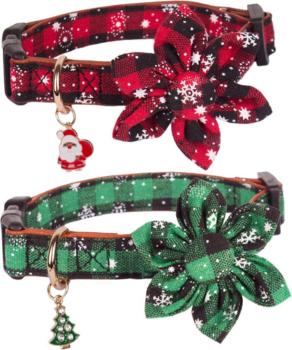 2-Pack Christmas Dog Collars with Bow Tie – Adjustable Red & Green Plaid Collars with Removable Bowties