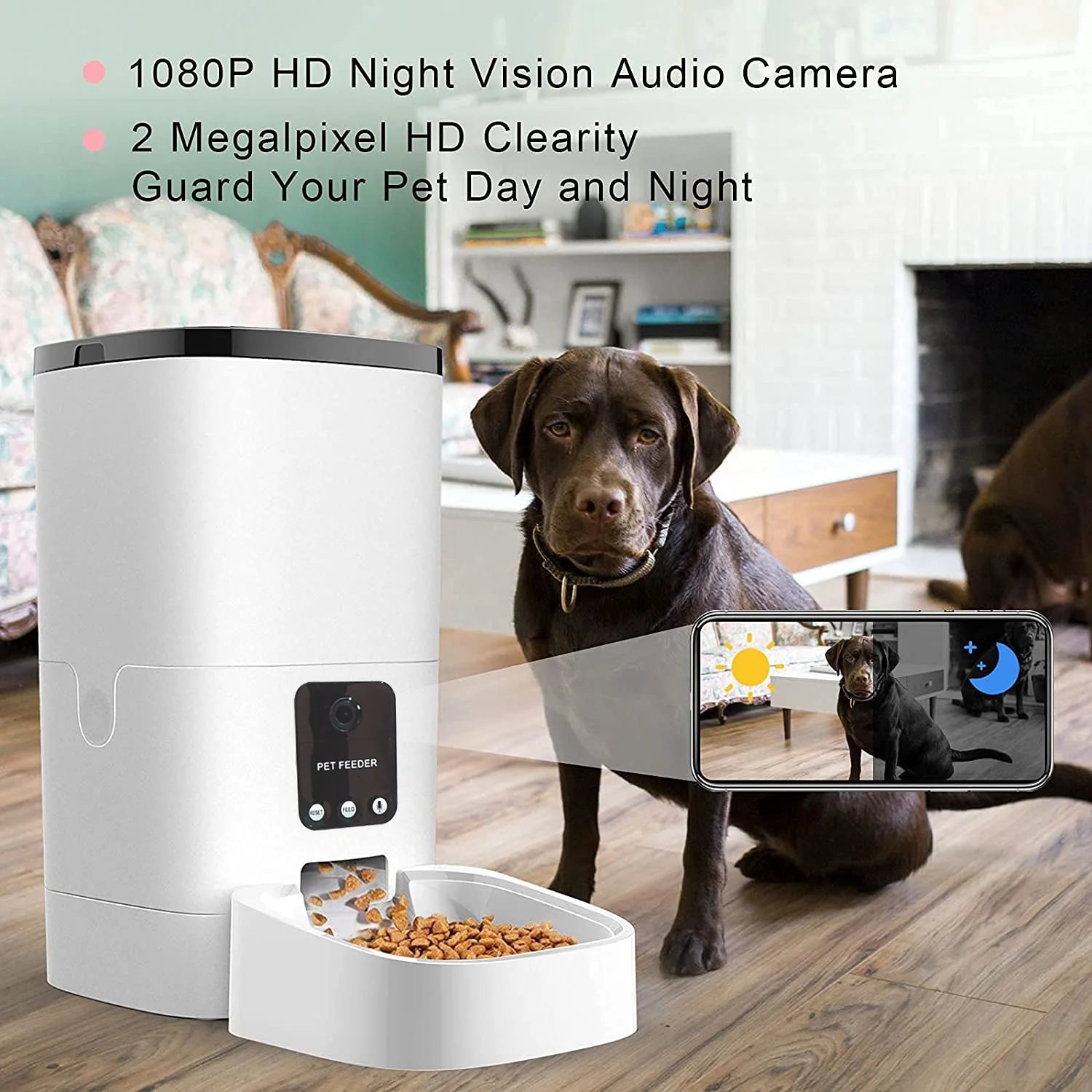 Automatic Pet Feeder with 6L Capacity, 1080P Camera, App Control, Voice Recording, Timed Feeding, Dual Power Supply, and WiFi Connectivity for Cats and Dogs