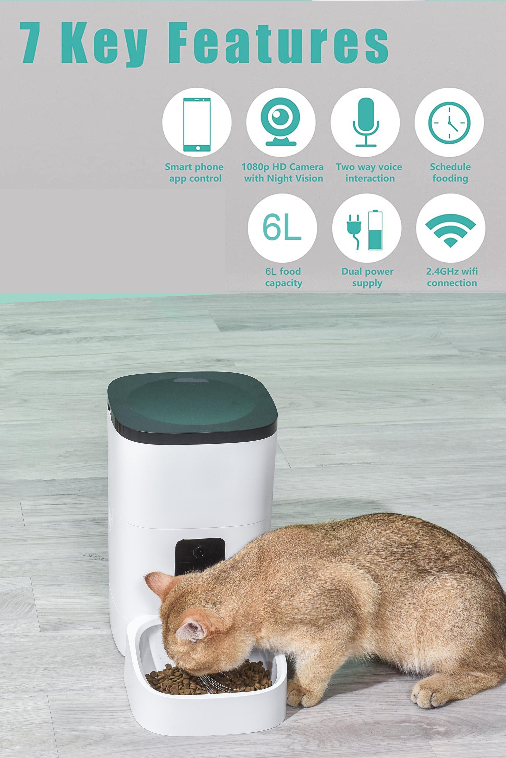 Automatic Pet Feeder with 6L Capacity, 1080P Camera, App Control, Voice Recording, Timed Feeding, Dual Power Supply, and WiFi Connectivity for Cats and Dogs