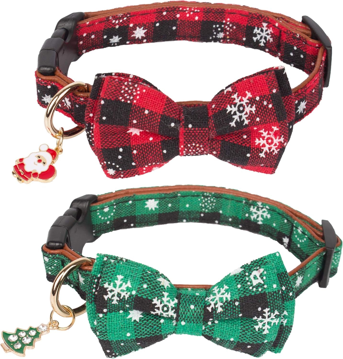 2-Pack Christmas Dog Collars with Bow Tie – Adjustable Red & Green Plaid Collars with Removable Bowties