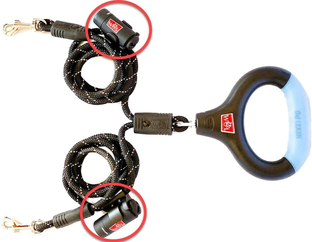 Dual Dog Leash with 360° Swivel – Automatic Tangle-Free Leash with Gel Handle, Reflective Rope & Optional LED Lights (Up to 25 ft, Medium/Large Dogs, Black, Includes 2 Rechargeable Lights)