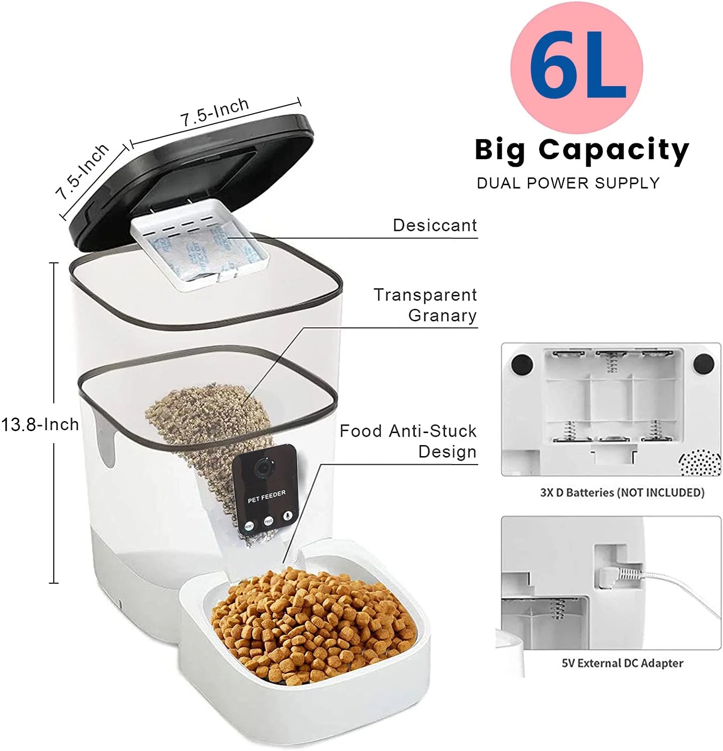 Automatic Pet Feeder with 6L Capacity, 1080P Camera, App Control, Voice Recording, Timed Feeding, Dual Power Supply, and WiFi Connectivity for Cats and Dogs