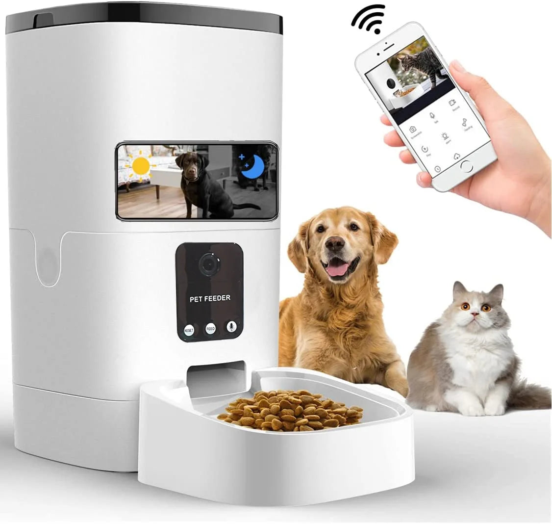 Automatic Pet Feeder with 6L Capacity, 1080P Camera, App Control, Voice Recording, Timed Feeding, Dual Power Supply, and WiFi Connectivity for Cats and Dogs