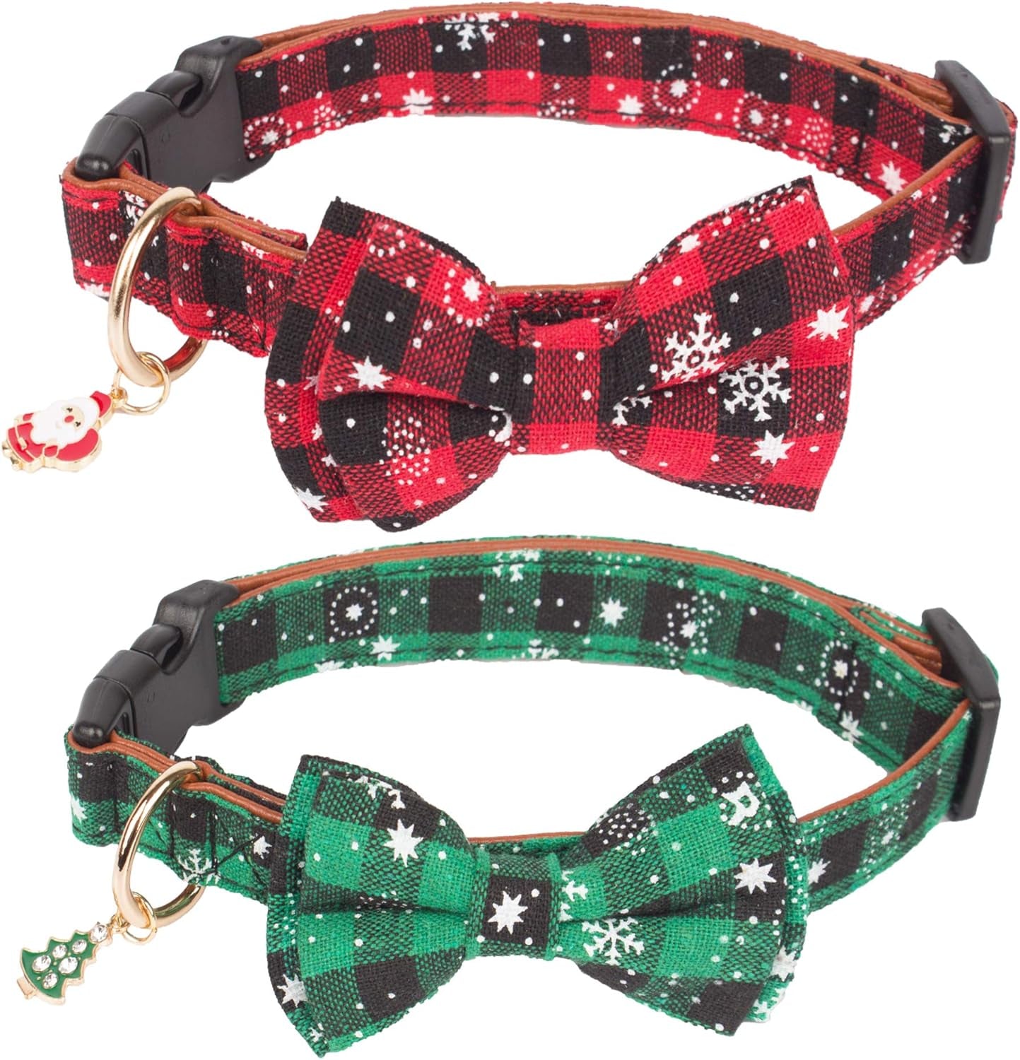 2-Pack Christmas Dog Collars with Bow Tie – Adjustable Red & Green Plaid Collars with Removable Bowties