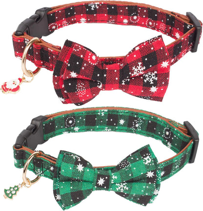 2-Pack Christmas Dog Collars with Bow Tie – Adjustable Red & Green Plaid Collars with Removable Bowties