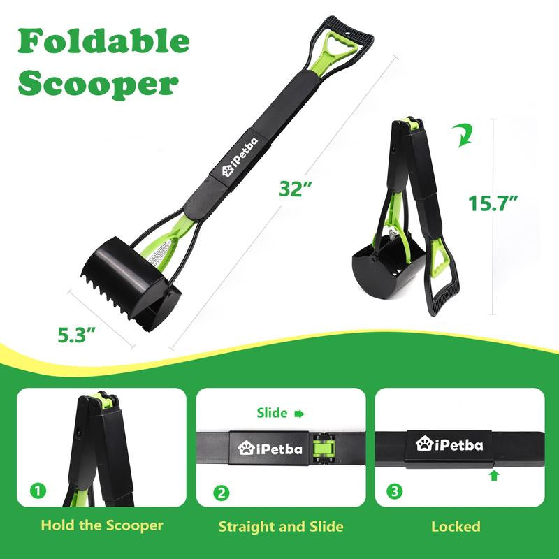 32" Extra-Large Dog Pooper Scooper – 4-in-1 Foldable Long Handle Pet Waste Picker with Durable Spring, Portable Poop Cleaner for Grass, Gravel & Dirt