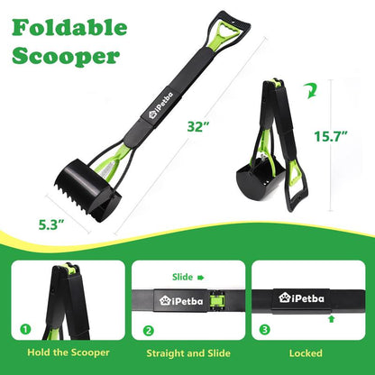 32" Extra-Large Dog Pooper Scooper – 4-in-1 Foldable Long Handle Pet Waste Picker with Durable Spring, Portable Poop Cleaner for Grass, Gravel & Dirt