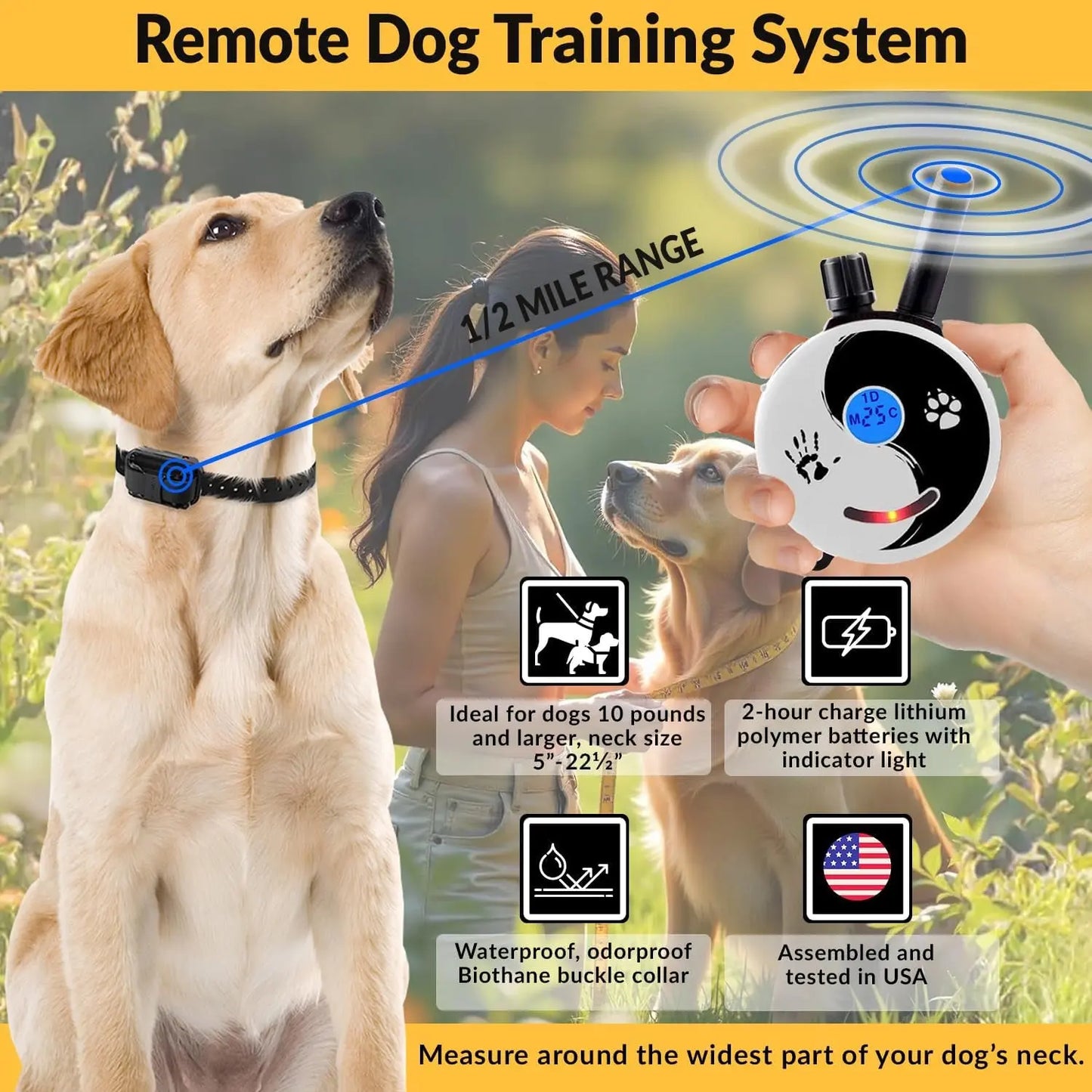 E-Collar Dog Training Collar – Humane Remote Trainer with Finger Clicker, Tone & Light, 1/2 Mile Range