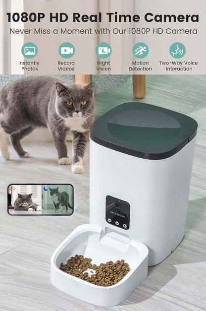 Automatic Pet Feeder with 6L Capacity, 1080P Camera, App Control, Voice Recording, Timed Feeding, Dual Power Supply, and WiFi Connectivity for Cats and Dogs