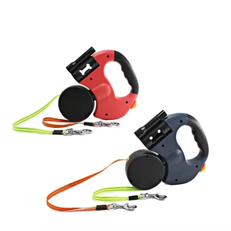  Automatic Retractable Dog Leash with Dual Heads & Waste Bag Dispenser - Durable & Tangle-Free Design